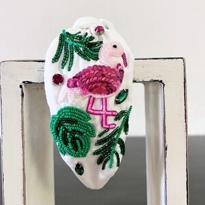 NEW Flamingo White Cotton Pink Green
Sequin Bead Rhinestone 3" Top Knot Headband